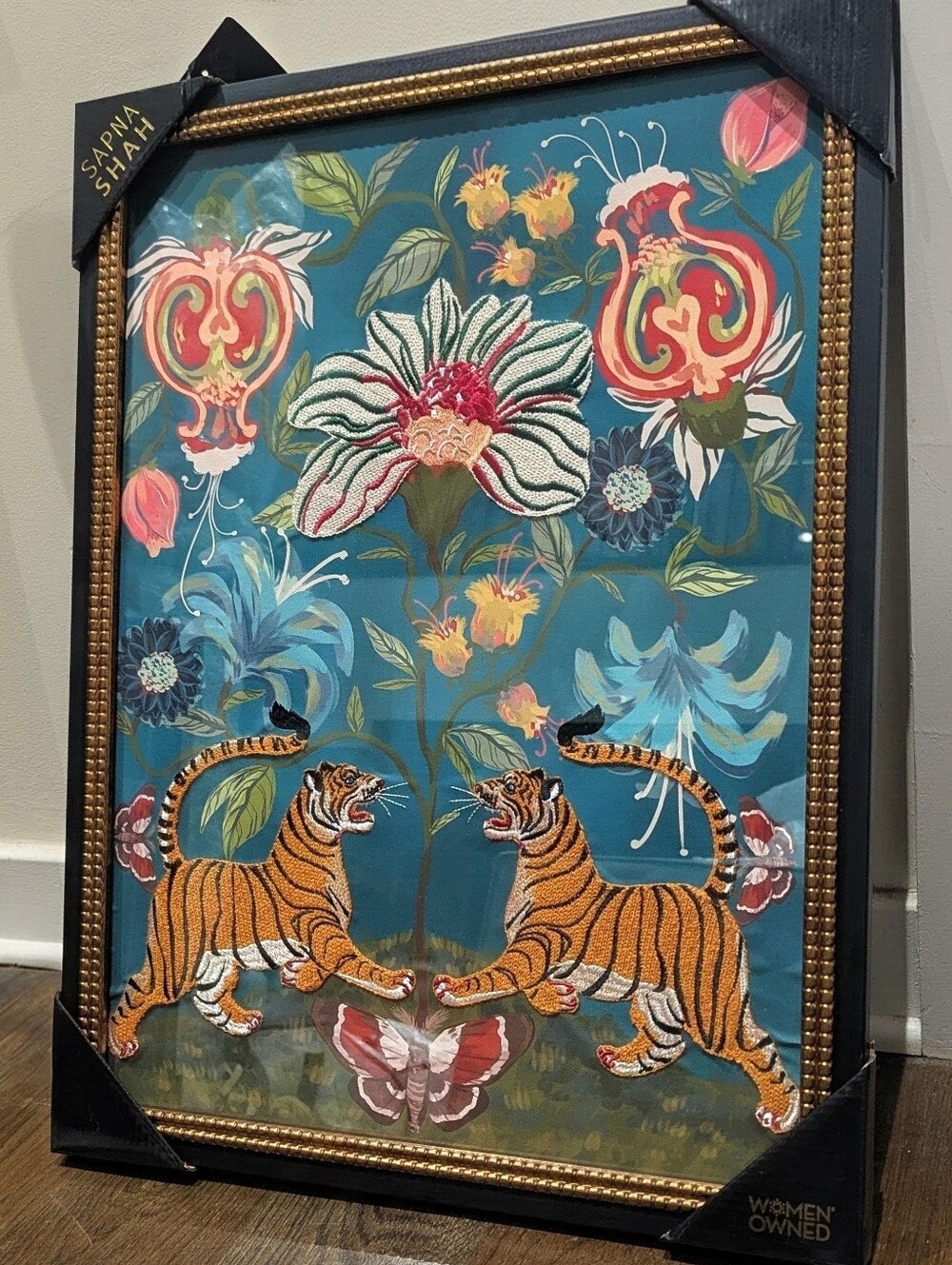 NWT 18 X 24 Sapna Shah Embroided Twin Bengal Tigers Wall Art  RARE